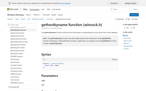 gethostbyname function (winsock.h) - Win32 apps | Microsoft ...