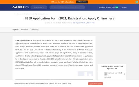 IISER Application Form 2021, Registration: Apply Online here