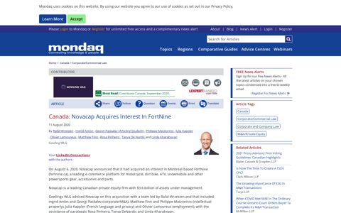 Novacap Acquires Interest In FortNine - Corporate ... - Mondaq