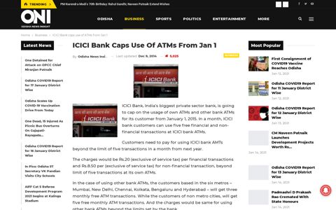 ICICI Bank caps use of ATMs from Jan 1 - Odisha News Insight