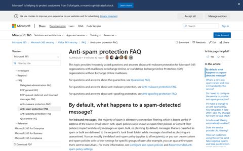 Anti-spam protection FAQ - Office 365 | Microsoft Docs