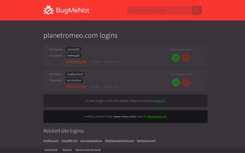 planetromeo.com logins - BugMeNot