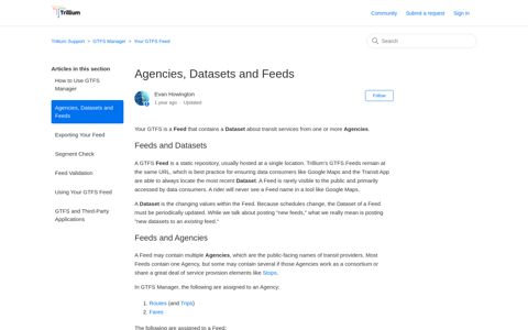 Agencies, Datasets and Feeds – Trillium Support