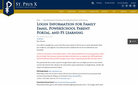 Login Information for Family Email, PowerSchool Parent Portal ...