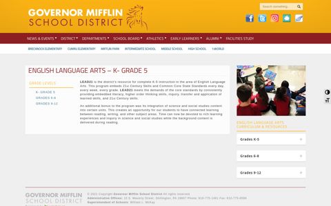 ENGLISH LANGUAGE ARTS – K- GRADE 5 – Governor Mifflin ...