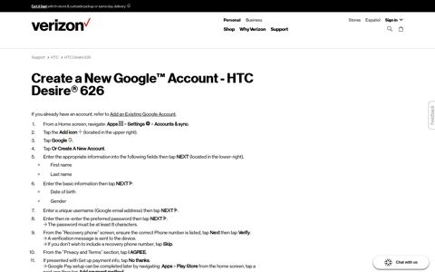 Create a New Google Account - HTC Desire 626 | Verizon