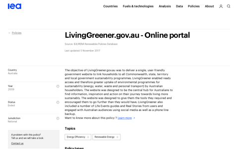 LivingGreener.gov.au - Online portal – Policies - IEA