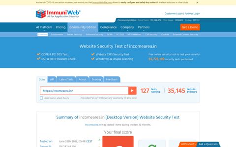 incomearea.in Website Security Test - ImmuniWeb