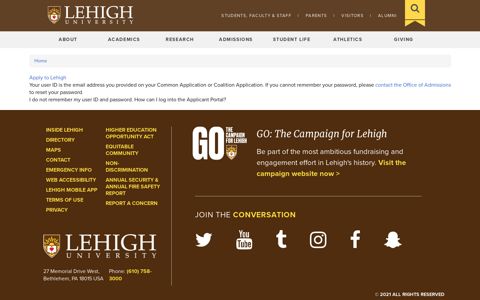 Apply FAQ: How can I log into the applicant portal? | Lehigh ...