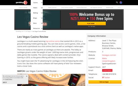 Leo Vegas Casino Bonus + Free Spins for New Zealand