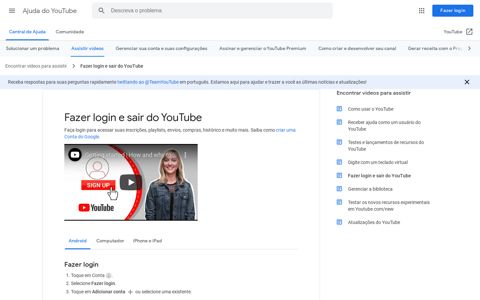 Fazer login e sair do YouTube - Android - Ajuda do YouTube