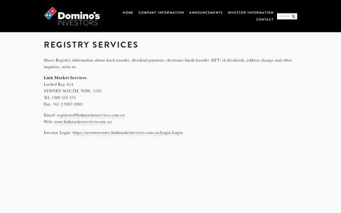 Registry Services — Domino's Investors