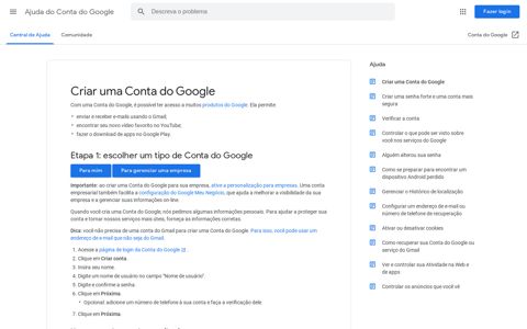 Criar uma Conta do Google - Ajuda do Conta do Google