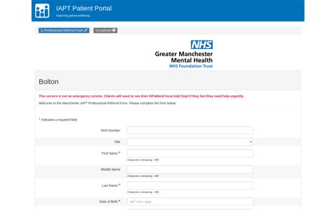 Professional Referral Form | Bolton | IAPT Portal