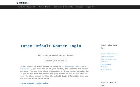 Intex routers - Login IPs and default usernames & passwords