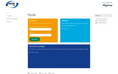 envia TEL-Portal: Portal/Anmelden