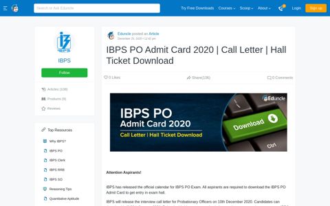 IBPS PO Admit Card 2019 | Call Letter | Hall Ticket Download