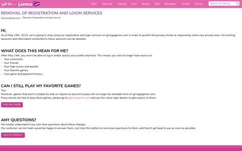 Removal of registration and login services - Girls Go Games