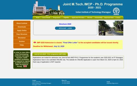 JMP-2020 Admission is closed. - GATE-JAM - IIT Kharagpur