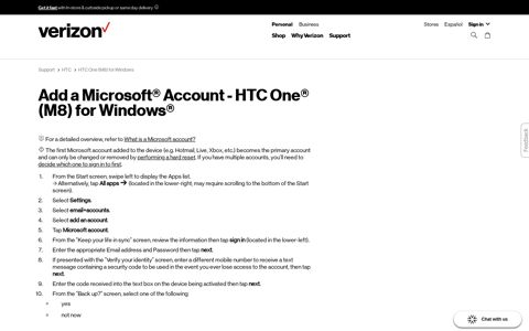 Add a Microsoft Account - HTC One (M8) for Windows | Verizon