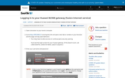 Logging in to your Huawei B2368 gateway (fusion Internet ...