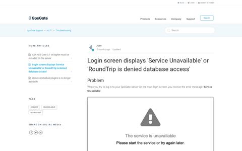 Login screen displays 'Service Unavailable' or 'RoundTrip is ...