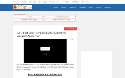 IDFC First Bank Recruitment 2021 Current Job Vacancies ...