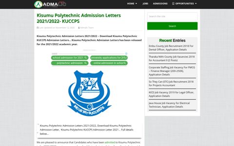 Kisumu Polytechnic Admission Letters 2021/2022- KUCCPS ...