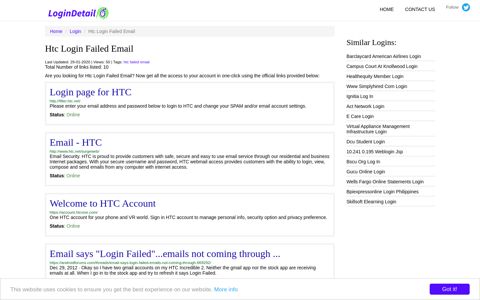 Htc Login Failed Email Login page for HTC - http://filter.htc.net/