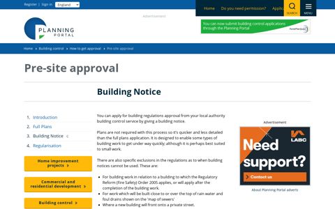 Building Notice | Pre-site approval | Planning Portal