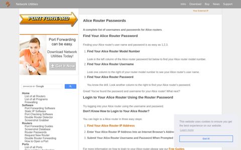 Alice Router Passwords - Port Forward