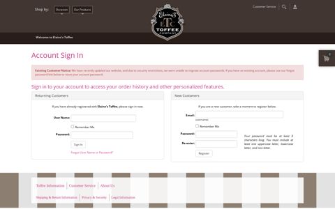 Login or Register - Elaine's Toffee Company