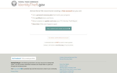 Almost Done! We recommend creating a - IdentityTheft.gov
