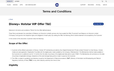 Disney+ Hotstar VIP Offer T&C - Jio