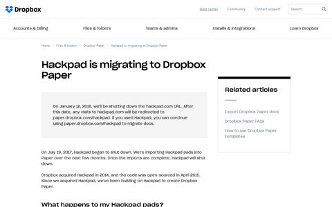 Hackpad is migrating to Dropbox Paper | Dropbox Help