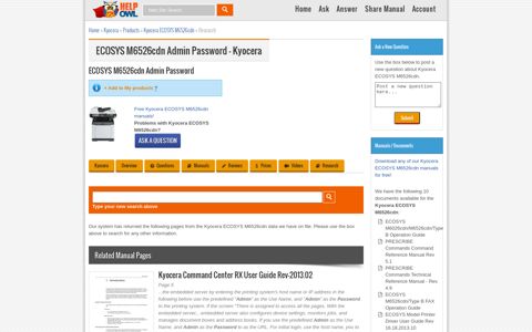ECOSYS M6526cdn Admin Password - Kyocera - HelpOwl.com