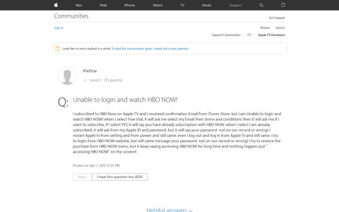 Unable to login and watch HBO NOW! - Apple Community
