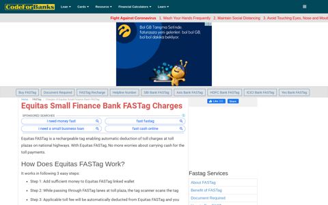 Equitas Small Finance Bank FASTag Charges - codeforbanks ...