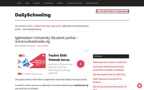 Igbinedion University Student portal - www.iuokada.edu.ng
