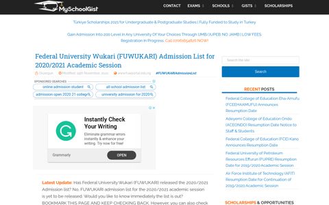 FUWukari Admission List for 2020/2021 Academic Session ...