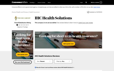 Top 71 IHC Health Solutions Reviews - ConsumerAffairs.com
