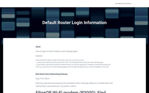 Default Router Login Information | - information Technique