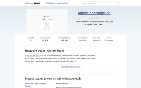 Admin.hostpoint.ch website. Hostpoint Login - Control Panel.