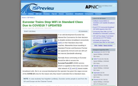 Eurostar Trains Stop WiFi in Standard Class Due to COVID19 ...