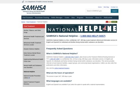 SAMHSA's National Helpline – 1-800-662-HELP (4357 ...