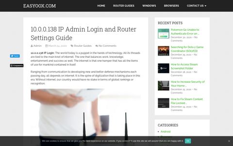10.0.0.138 IP Admin Login and Router Settings Guide - EasyOox