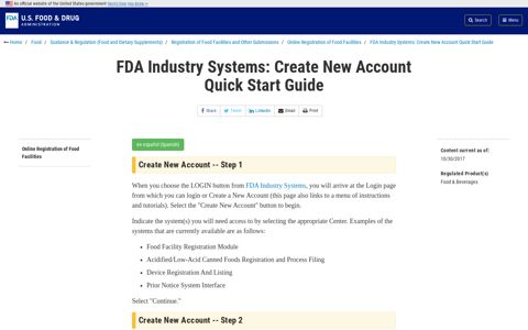 FDA Industry Systems: Create New Account Quick Start Guide ...