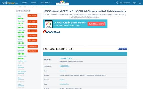 ICICI Kutch Cooperative Bank Ltd IFSC Code Mumbai - MH