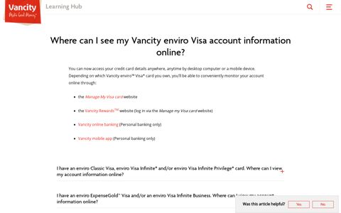 Where can I see my Vancity enviro Visa account information ...