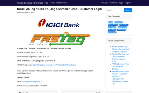 ICICI FASTag Customer Care - Customer Login | Brokerage ...